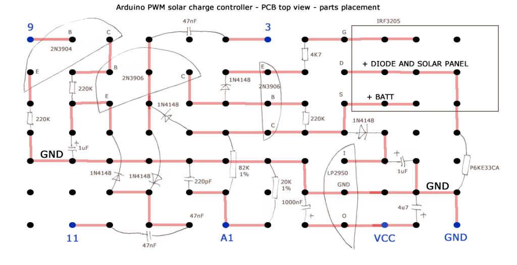 Arduino PWM solar charge controller PCB top view parts placement